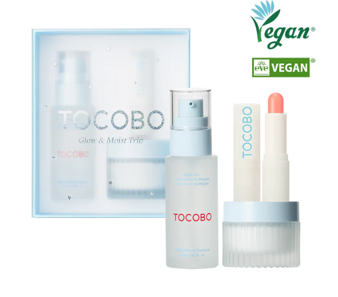 TOCOBO KIT DE ESENCIA, HIDRATANTE &amp; BALSAMO LABIAL GLOW &amp; MOIST TRIO SET